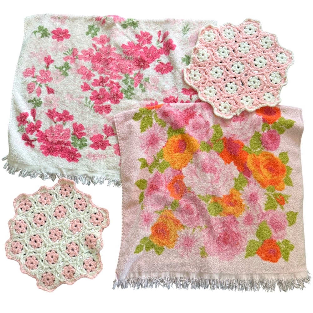 Vintage Cannon Floral Hand Towel Set with Crochet Doilies Pink Orange White 4pc